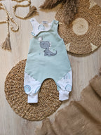 Baby Strampler "Dino mit Schmetterling" in Mint mit Dino-Stickmotiv, French Terry, 95% Baumwolle 5% Elasthan | Little Falili
