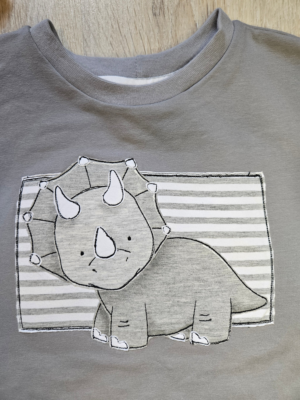 Kinder Pullover "Dino T." Detailansicht Dino-Stickerei, French Terry & Jersey 95% Baumwolle 5% Elasthan, Gr. 56–128 | Little Falili

