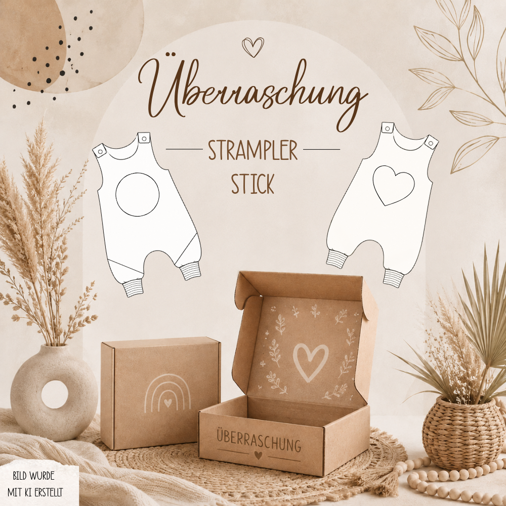 Handgefertigter Überraschungsstrampler mit Stickmotiv von Little Falili – Beispielbild, Farbe und Design können variieren. Mütze separat erhältlich.