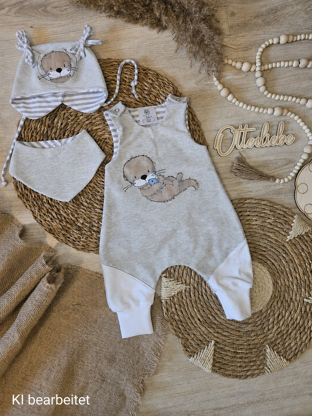 Baby Strampler "Otter mit Fisch grau" mit Otter-Stickmotiv in grau, French Terry & Jersey, 95% Baumwolle 5% Elasthan – Mütze separat erhältlich | Little Falili
