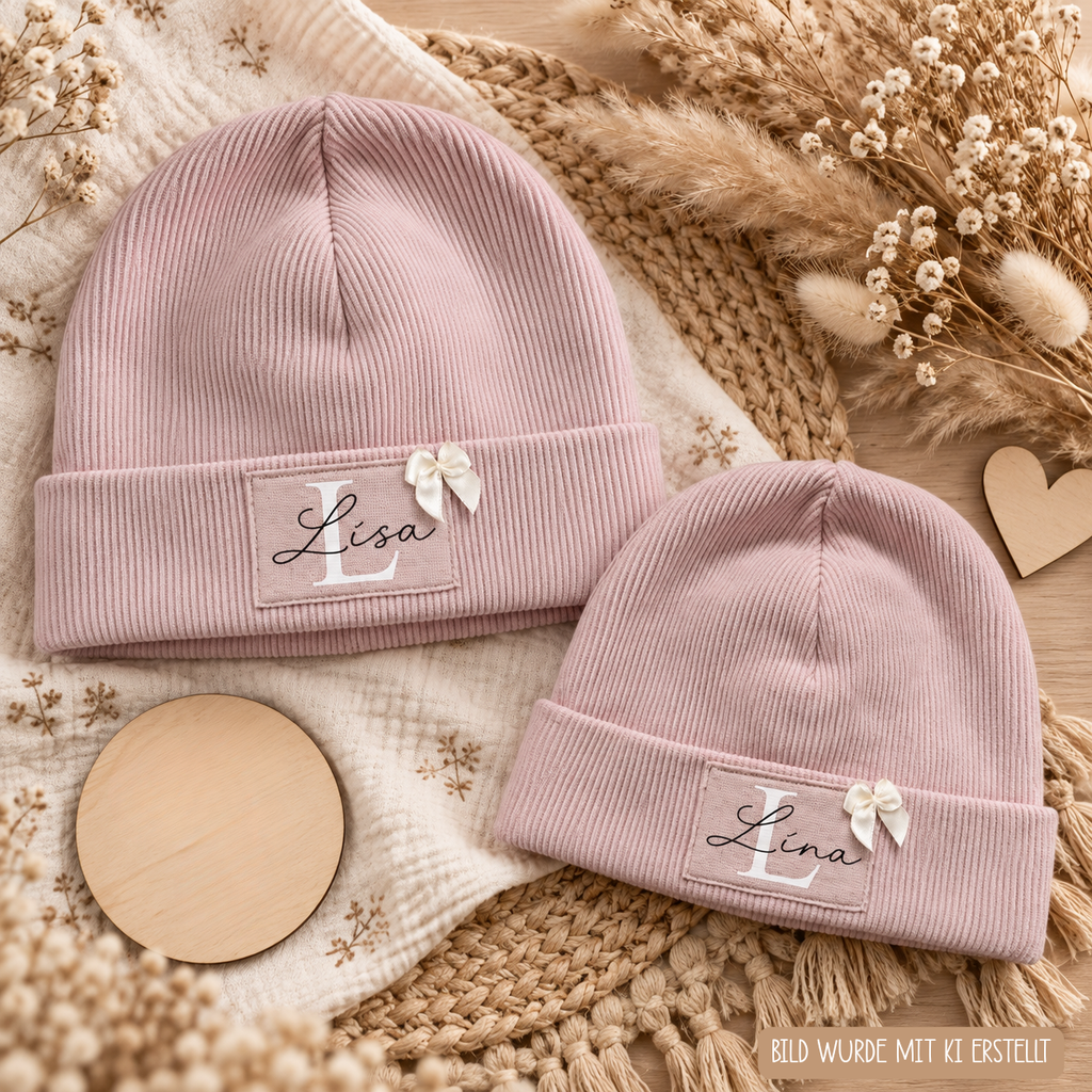 Rosa Partnerlook Beanies für Erwachsene und Kinder von Little Falili