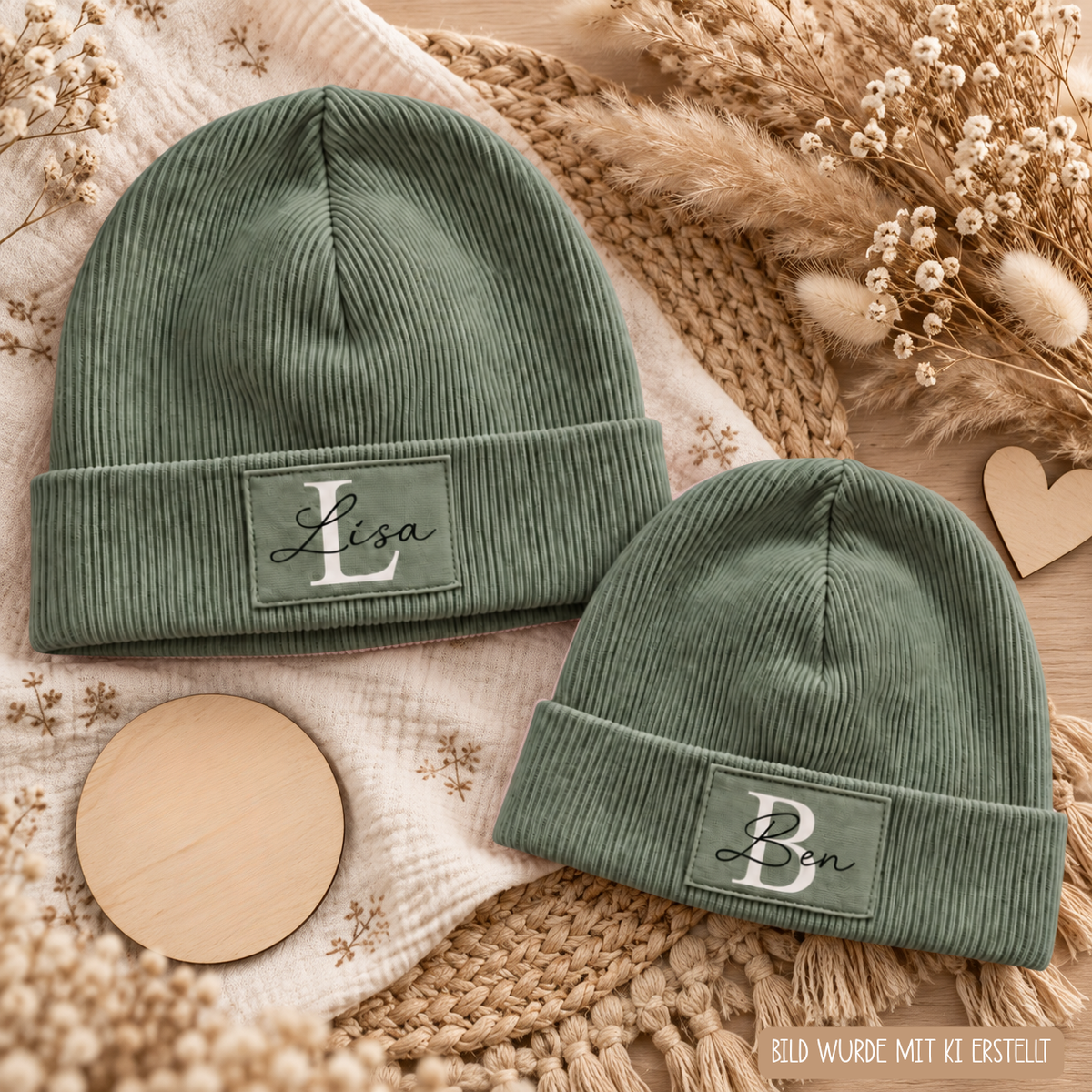 Grüne Partnerlook Beanies für Erwachsene und Kinder von Little Falili