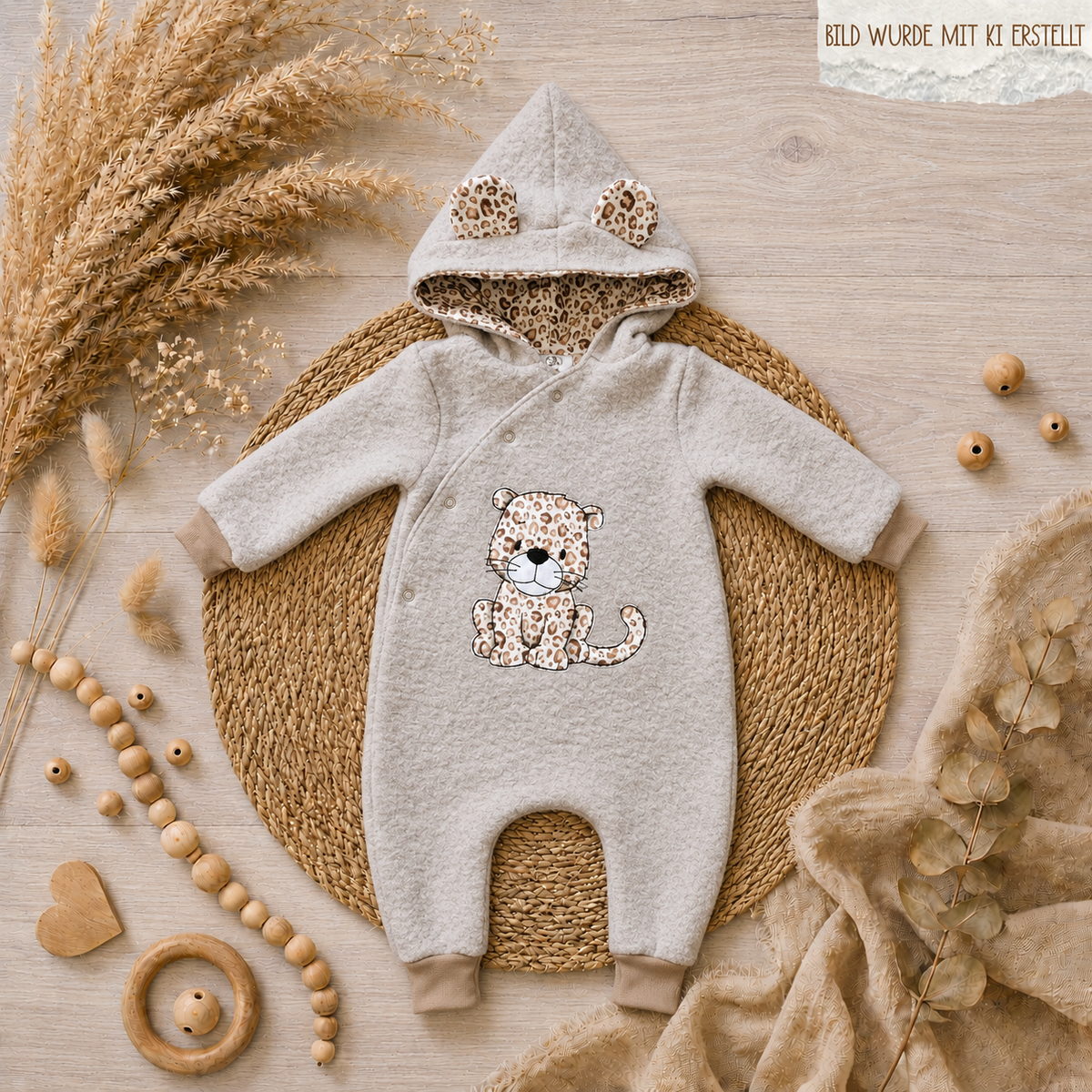 Gesamtansicht eines sand Wollwalkanzugs mit Leo Jersey und Leopard-Stickerei