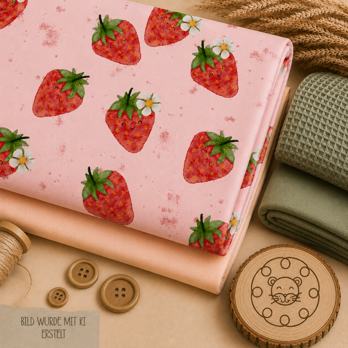 Erdbeeren Jersey gefaltet mit selbst gezeichnetem Erdbeeren-Design – 95% Baumwolle, 5% Elasthan, Reaktivdruck | Little Falili
