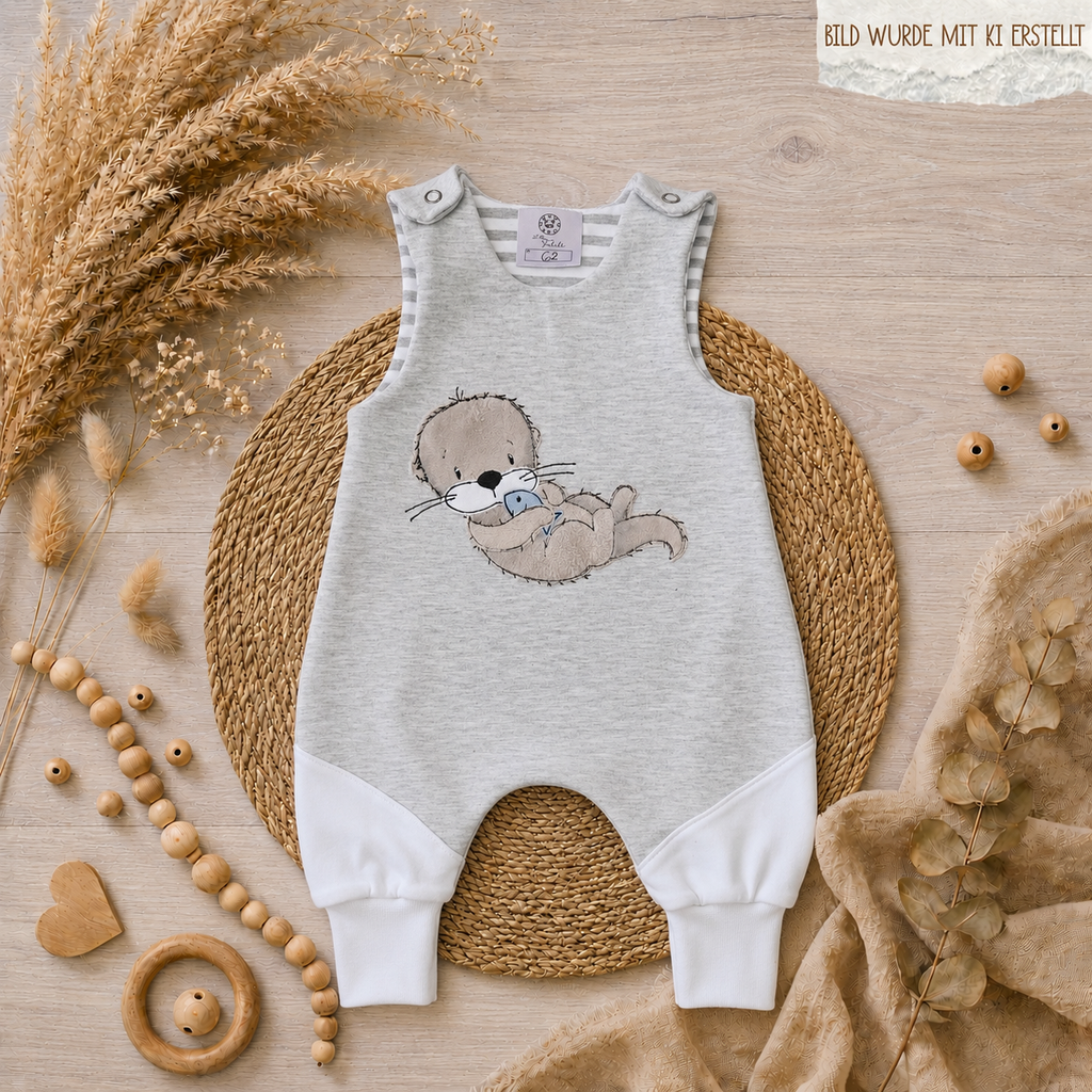 Baby Strampler "Otter mit Fisch grau" mit Halstuch in grau, French Terry & Jersey, 95% Baumwolle 5% Elasthan – Mütze separat erhältlich 