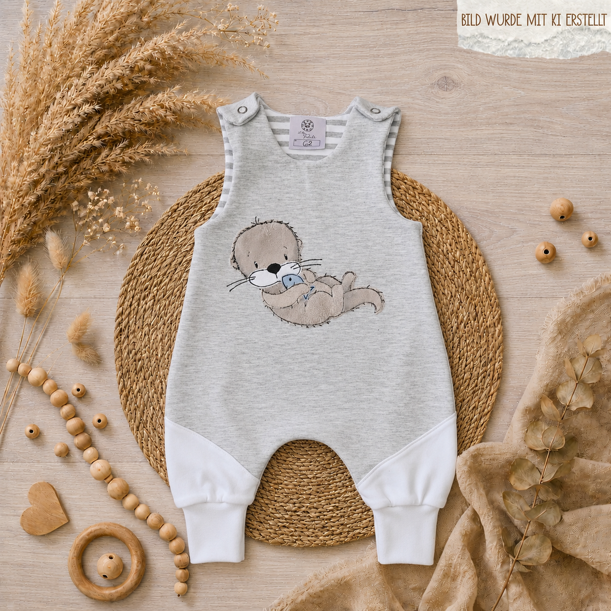 Baby Strampler "Otter mit Fisch grau" mit Halstuch in grau, French Terry & Jersey, 95% Baumwolle 5% Elasthan – Mütze separat erhältlich 