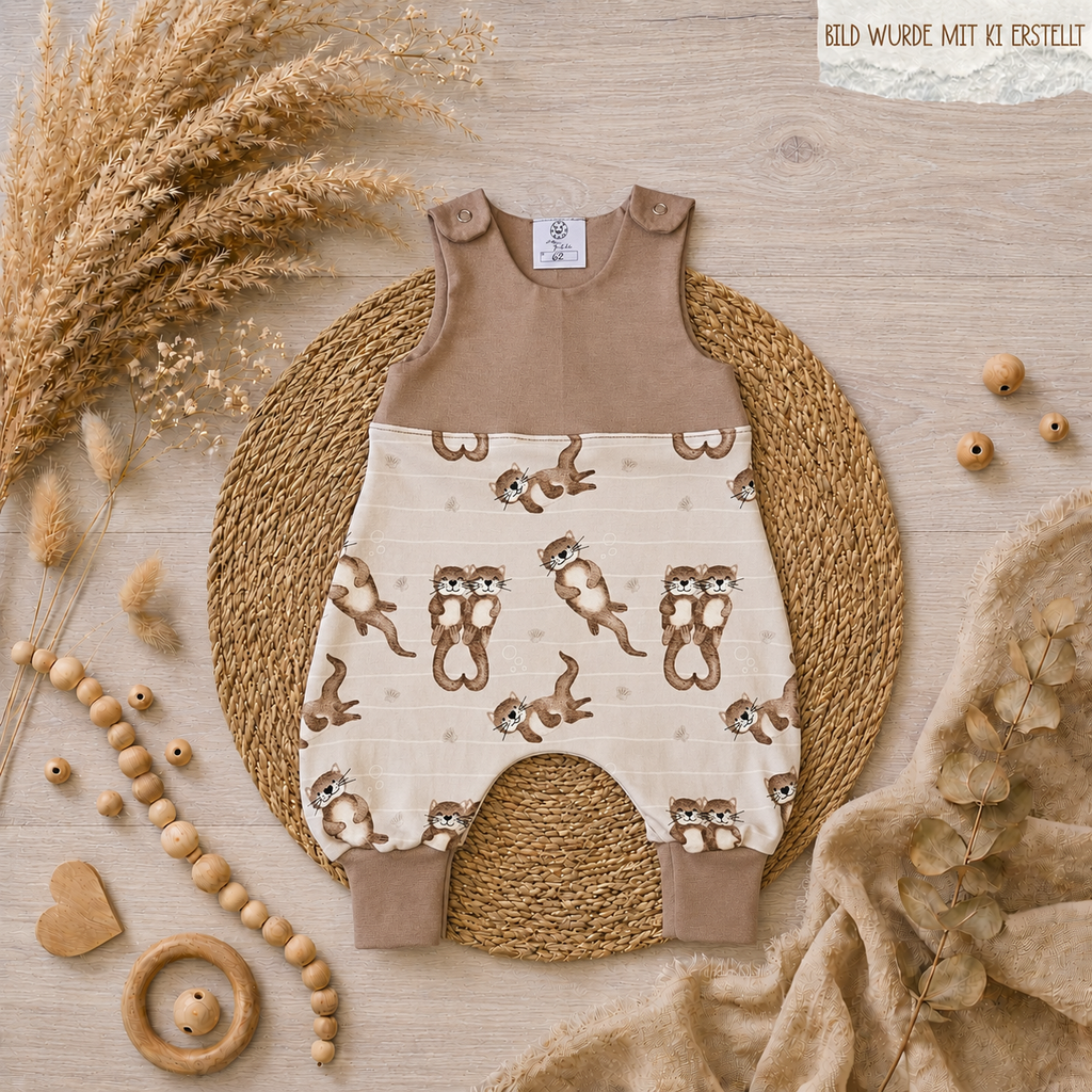 Detailansicht Otter-Motivstoff French Terry in Sand – selbst gezeichnetes Design für Baby Strampler "Otterliebe", Little Falili