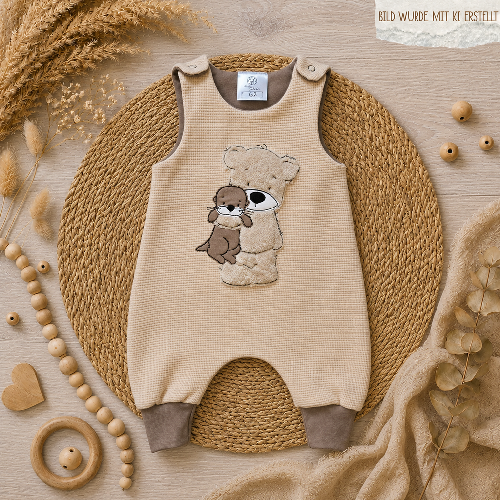 Baby Strampler "Bär & Otter" mit Bär- & Otter-Stickmotiv, Waffeljersey & Jersey, 99% Baumwolle 1% Elasthan | Little Falili