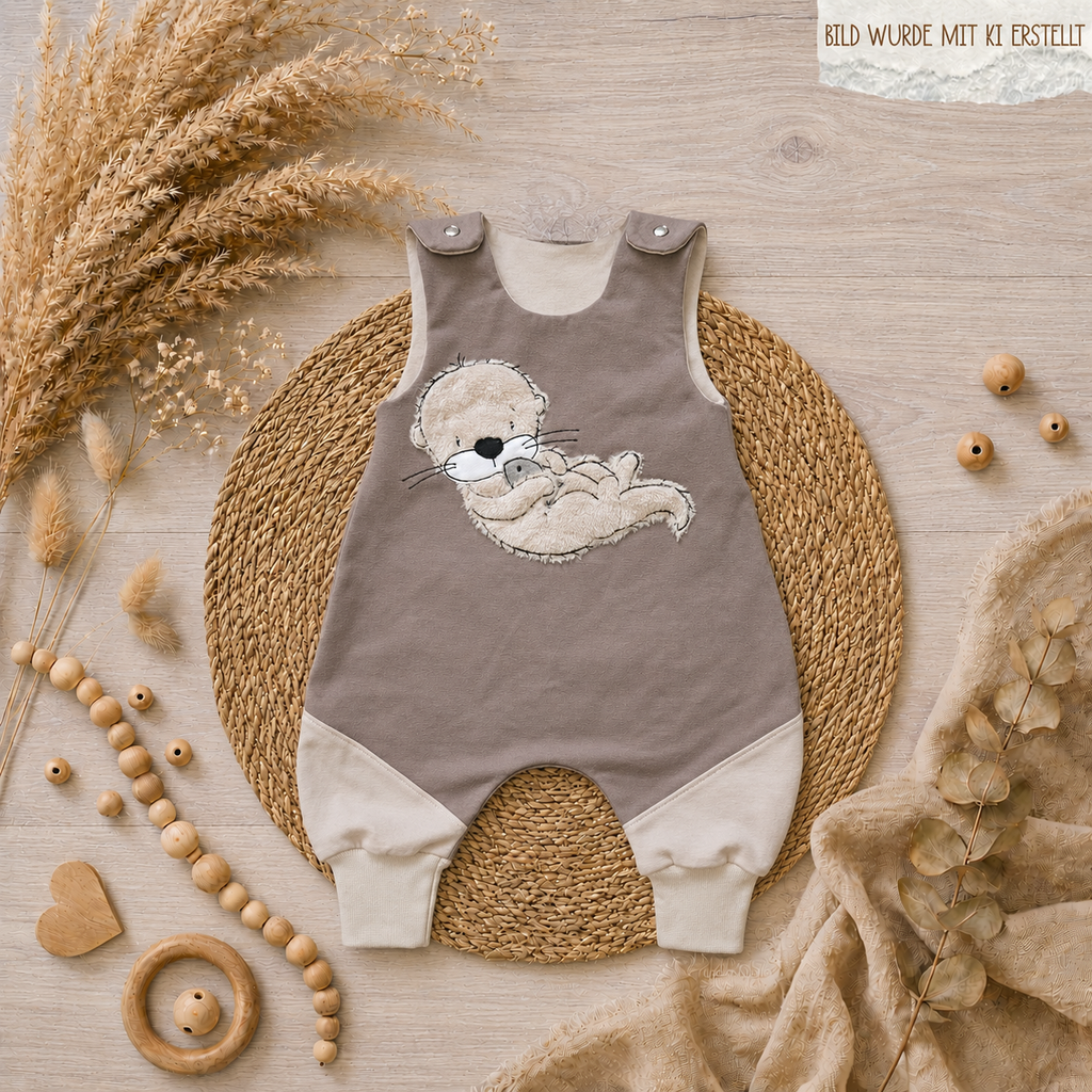 Baby Strampler "Otter mit Fisch braun" Detailansicht Otter-Stickmotiv, French Terry & Jersey, 95% Baumwolle 5% Elasthan – Halstuch  | Little Falili
