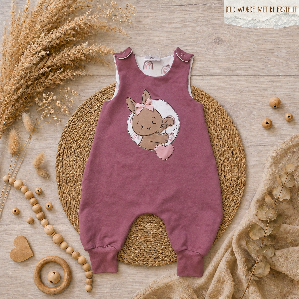  Detailansicht Stickerei „Hase mit Herz" auf beere-farbenem Baby Strampler aus French Terry, handmade | Little Falili 