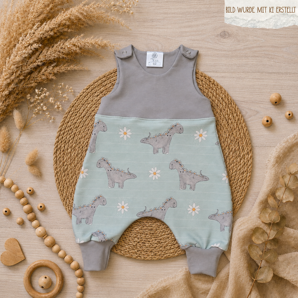 Baby Strampler Frontansicht in Mint und Grau – Allover-Motivstoff handgenäht, Little Falili