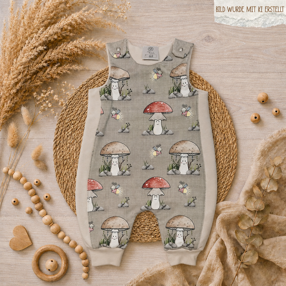 Baby Strampler "Pilze" Frontansicht – Pilz-Motivstoff in Taupe und Sand mit passendem Halstuch, handgenäht, Mütze separat erhältlich, Little Falili