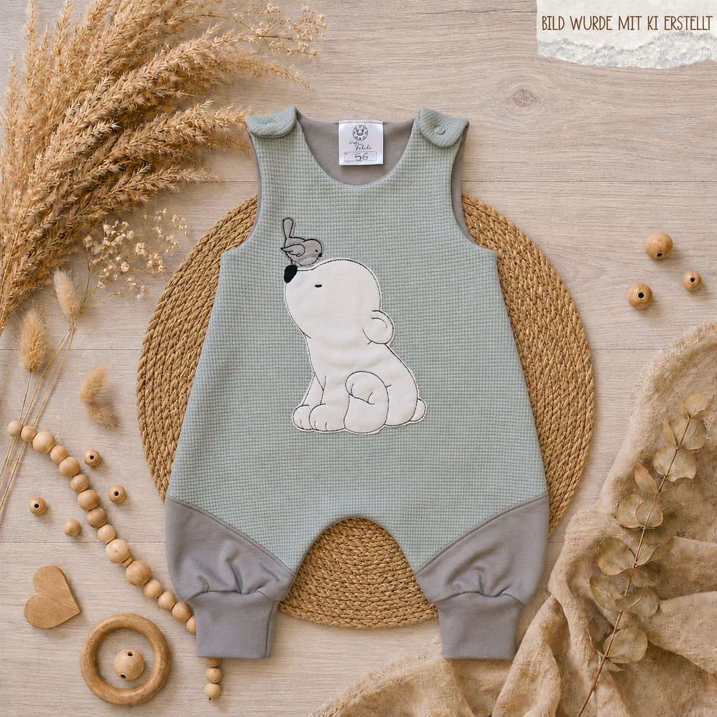 Baby Strampler "Eisbär" Detailansicht Eisbär-Stickmotiv, Waffeljersey 98% Baumwolle 2% Elasthan – Mütze & Wollwalkanzug separat erhältlich | Little Falili
