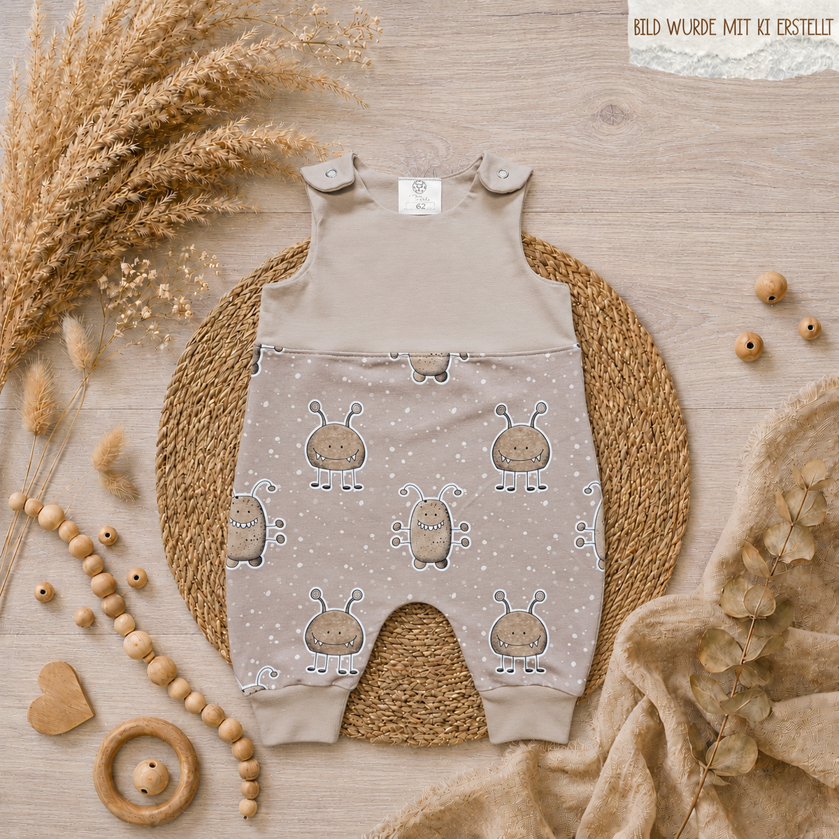 Baby-Strampler „Monster“ mit Monster-Design in Sand und Taupe