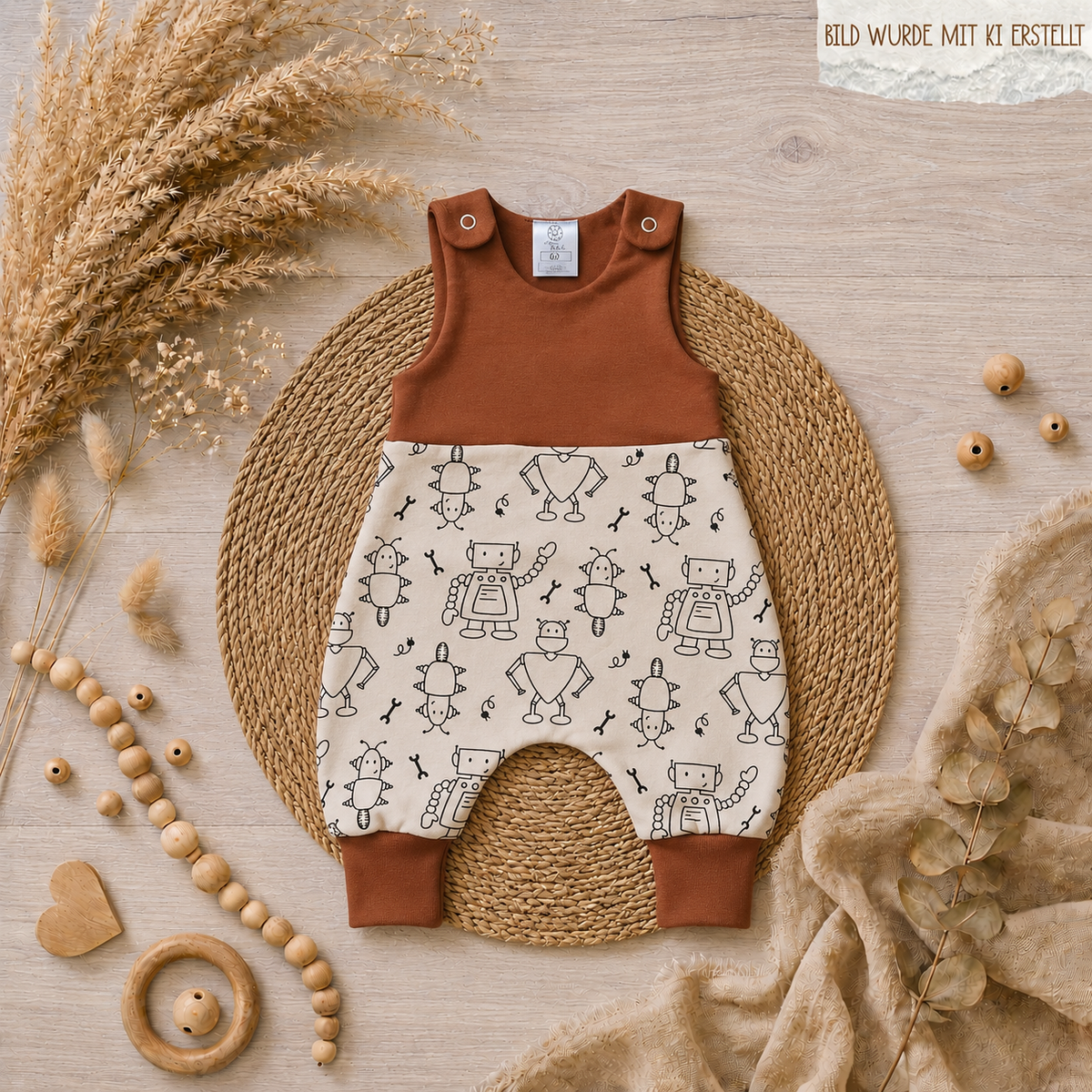 Handmade Baby Strampler "Roboter" – Frontansicht in Kupfer und Beige, selbst gezeichnetes Design, Little Falili