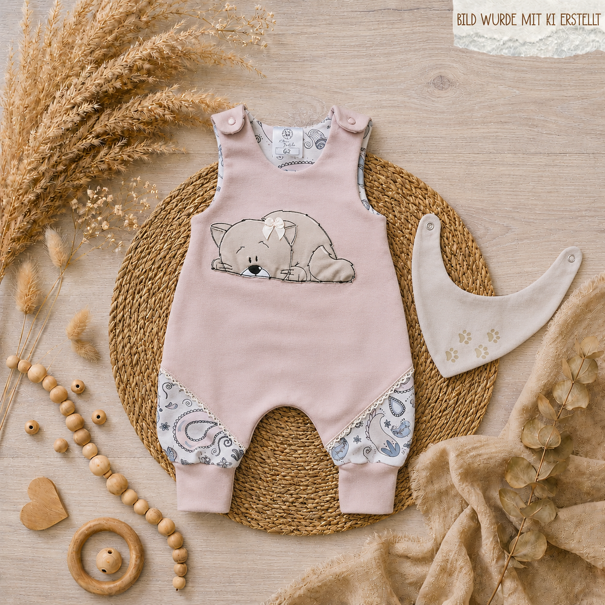 Handgemachter Baby-Strampler "Kätzchen" aus French Terry und Jersey mit Katzen-Stickerei und Halstuch, Gesamtansicht – Mütze separat erhältlich