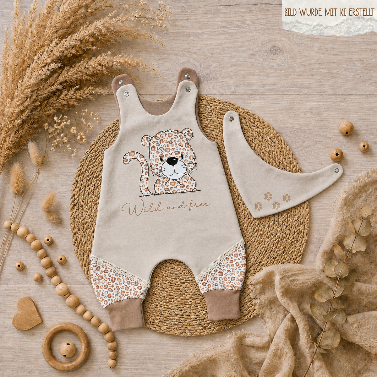 Baby Strampler "Leo" mit Leopard-Stickmotiv in sand, French Terry & Jersey, 95% Baumwolle 5% Elasthan – Mütze & Wollwalkanzug separat erhältlich | Little Falili