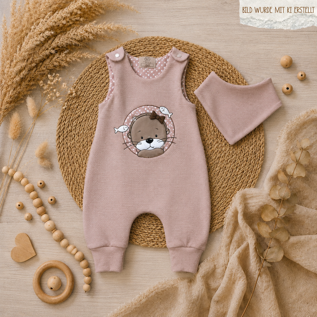 Otter-Stickerei auf altrosa Baby Strampler aus Waffeljersey, handmade | Little Falili
