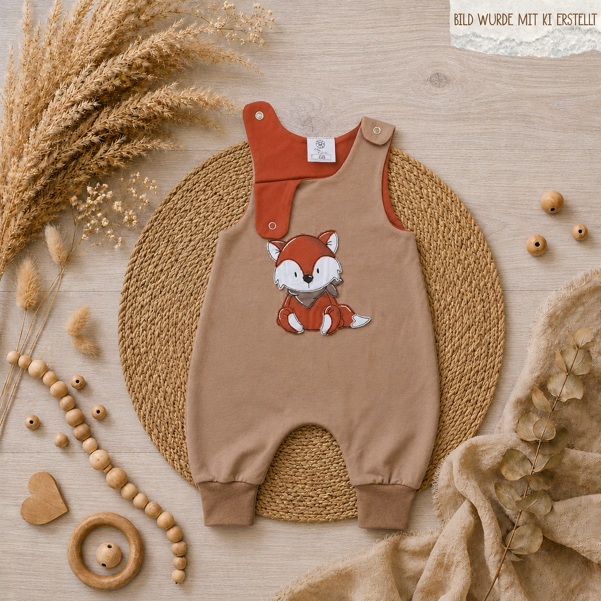 Handgemachter Baby-Strampler braun mit gesticktem Fuchs-Motiv, Vorderansicht