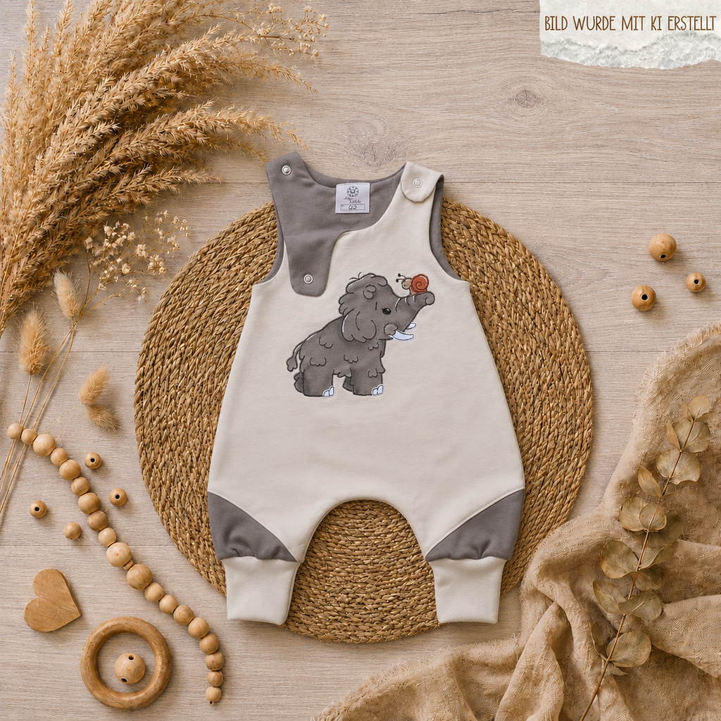 Detailansicht Mamut-Stickerei auf sand-taupenem Baby Strampler aus Jersey, handmade | Little Falili