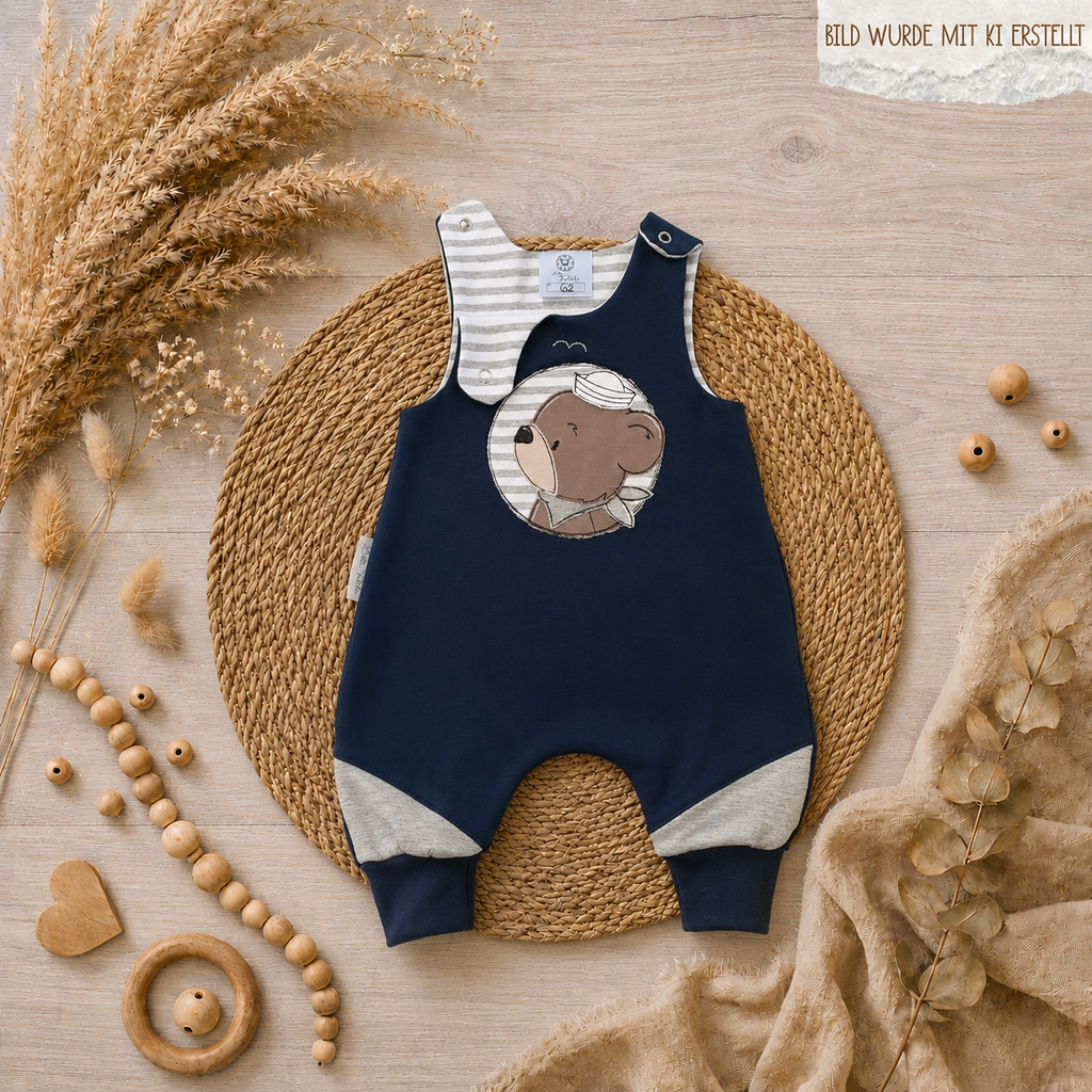 Handgenähter Baby-Strampler "Matrose" dunkelblau mit Bärchen-Stickapplikation, 95% Baumwolle 5% Elasthan – Little Falili