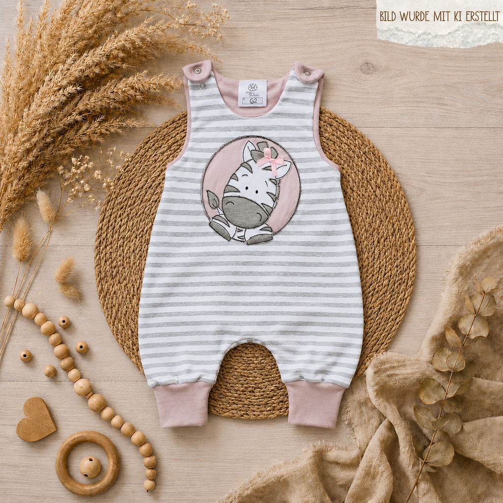 Nahaufnahme Zebra-Stickerei auf Baby-Strampler aus Jersey, handmade Little Falili