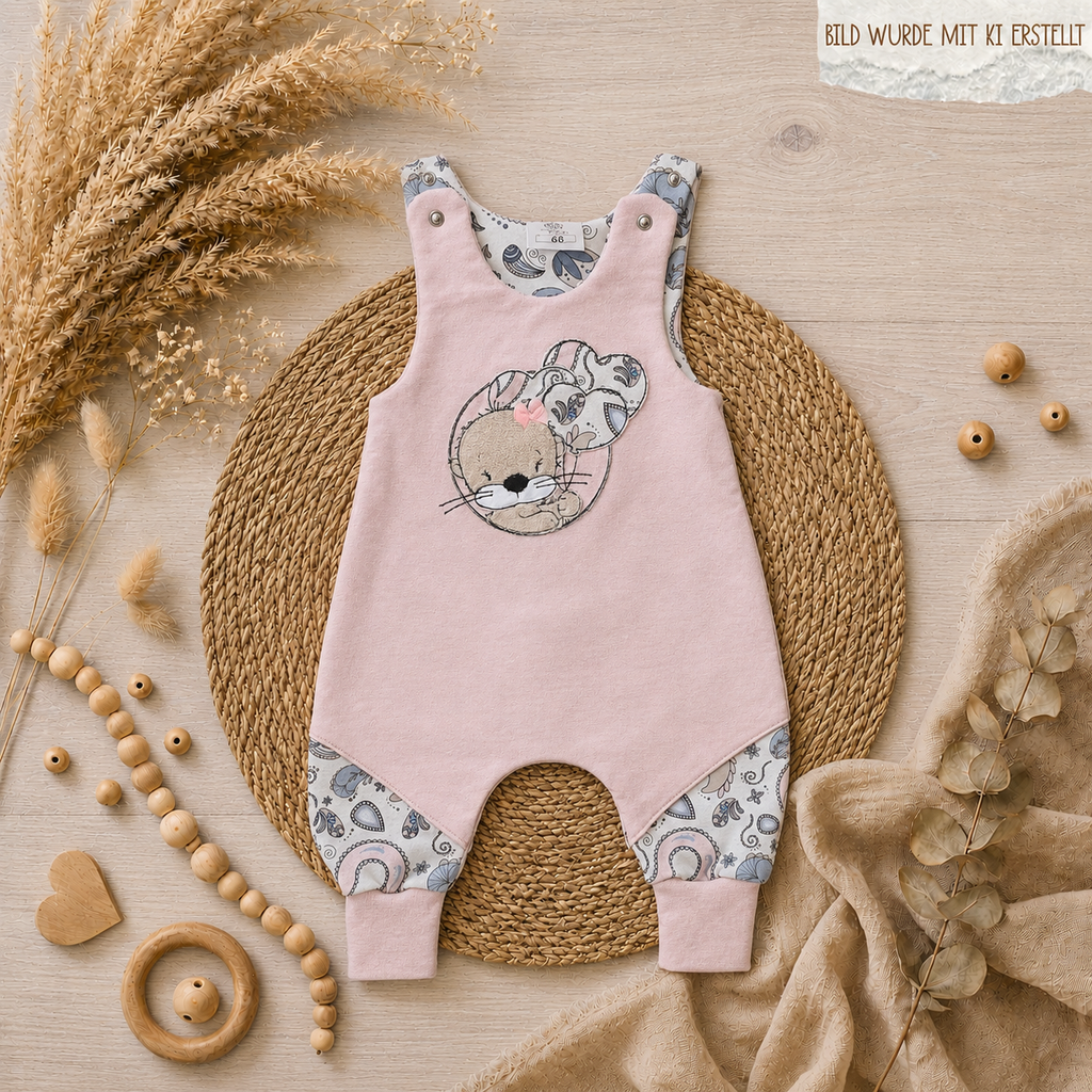 Handgemachter Baby-Strampler rosa mit Otter-Stickerei aus French Terry und Jersey, mit Halstuch und Mütze separat erhältlich, Gesamtansicht