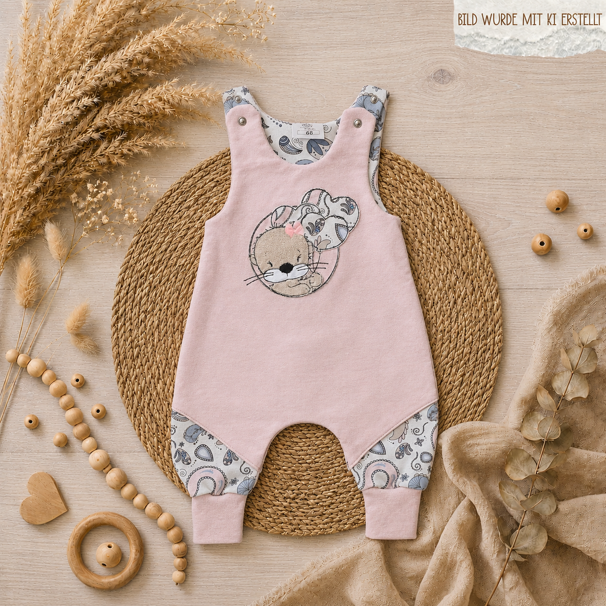 Handgemachter Baby-Strampler rosa mit Otter-Stickerei aus French Terry und Jersey, mit Halstuch und Mütze separat erhältlich, Gesamtansicht