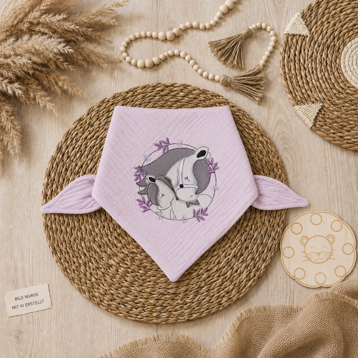 Kinderhalstuch mit liebevollem Stickmotiv Pferde im Boho-Mockup auf hellem Holzuntergrund, Bild wurde mit KI erstellt