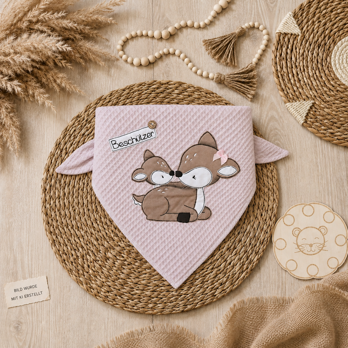 Kinderhalstuch mit liebevollem Stickmotiv Rehe im Boho-Mockup auf hellem Holzuntergrund, Bild wurde mit KI erstellt