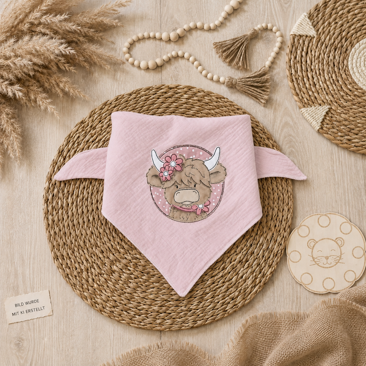 Kinderhalstuch mit liebevollem Stickmotiv Hochland Rind im Boho-Mockup auf hellem Holzuntergrund, Bild wurde mit KI erstellt