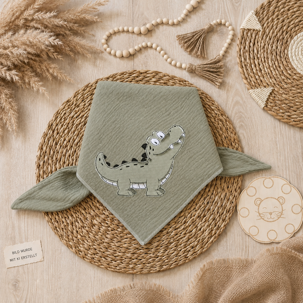 Kinderhalstuch mit liebevollem StickmotivKrokodil im Boho-Mockup auf hellem Holzuntergrund, Bild wurde mit KI erstellt