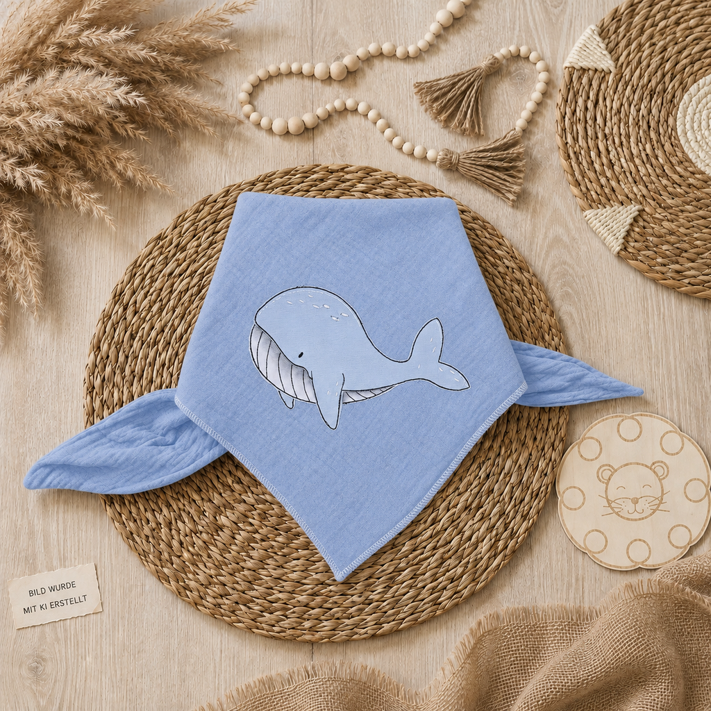 Kinderhalstuch mit liebevollem Stickmotiv Wal im Boho-Mockup auf hellem Holzuntergrund, Bild wurde mit KI erstellt