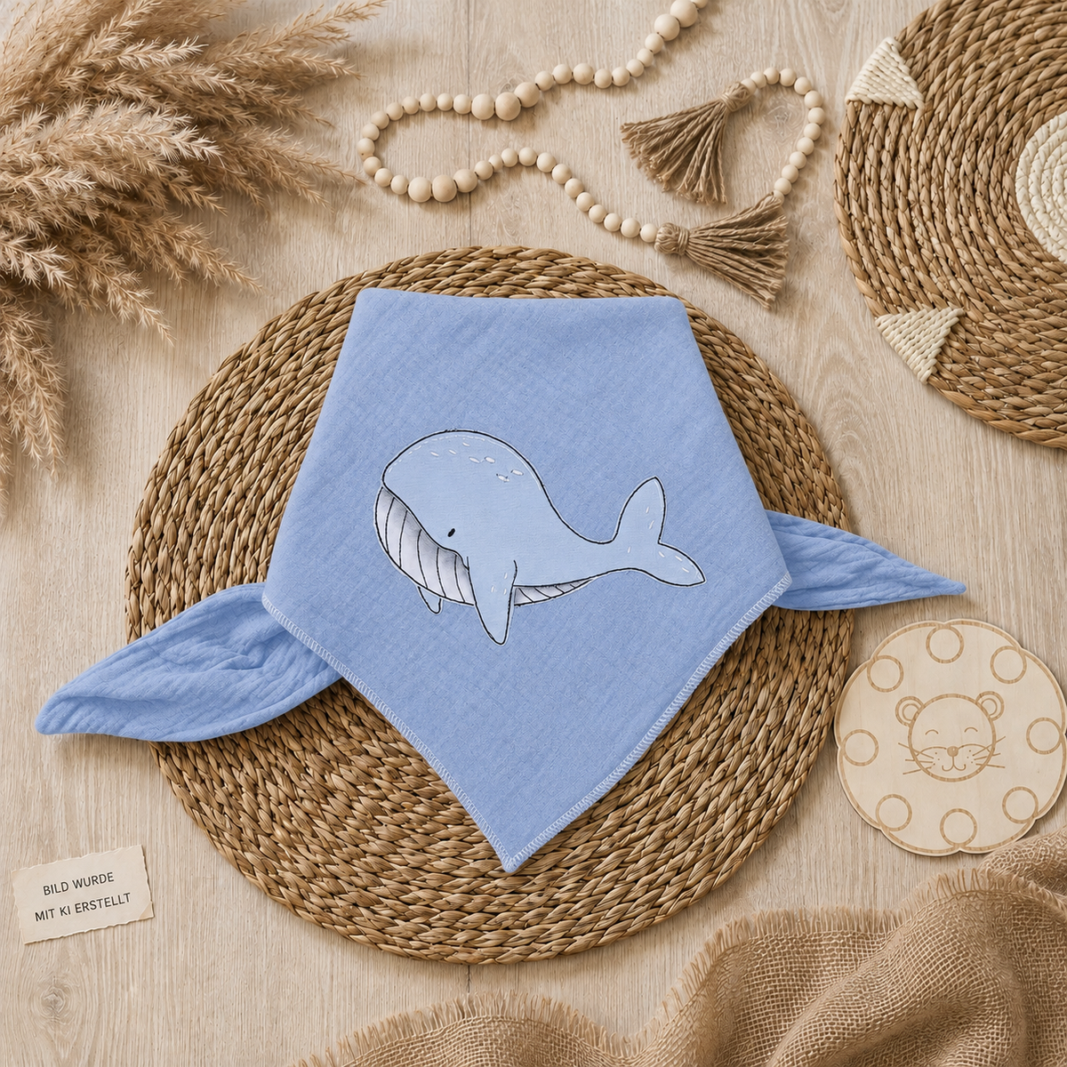Kinderhalstuch mit liebevollem Stickmotiv Wal im Boho-Mockup auf hellem Holzuntergrund, Bild wurde mit KI erstellt