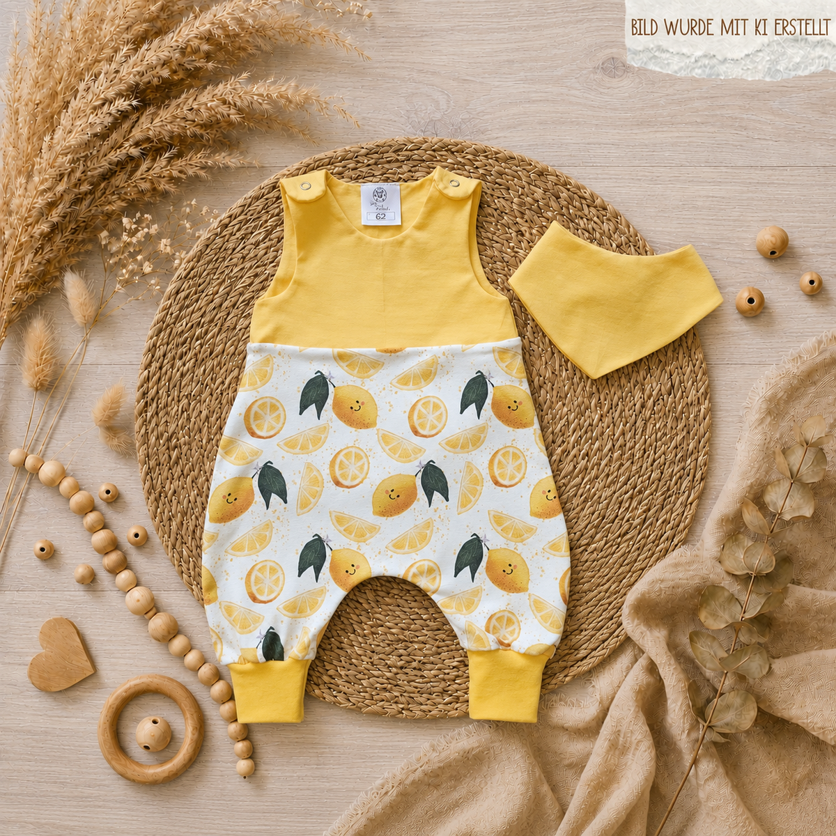Handgemachter Babystrampler mit liebevollem Zitronen Muster im Boho-Mockup auf hellem Holzuntergrund