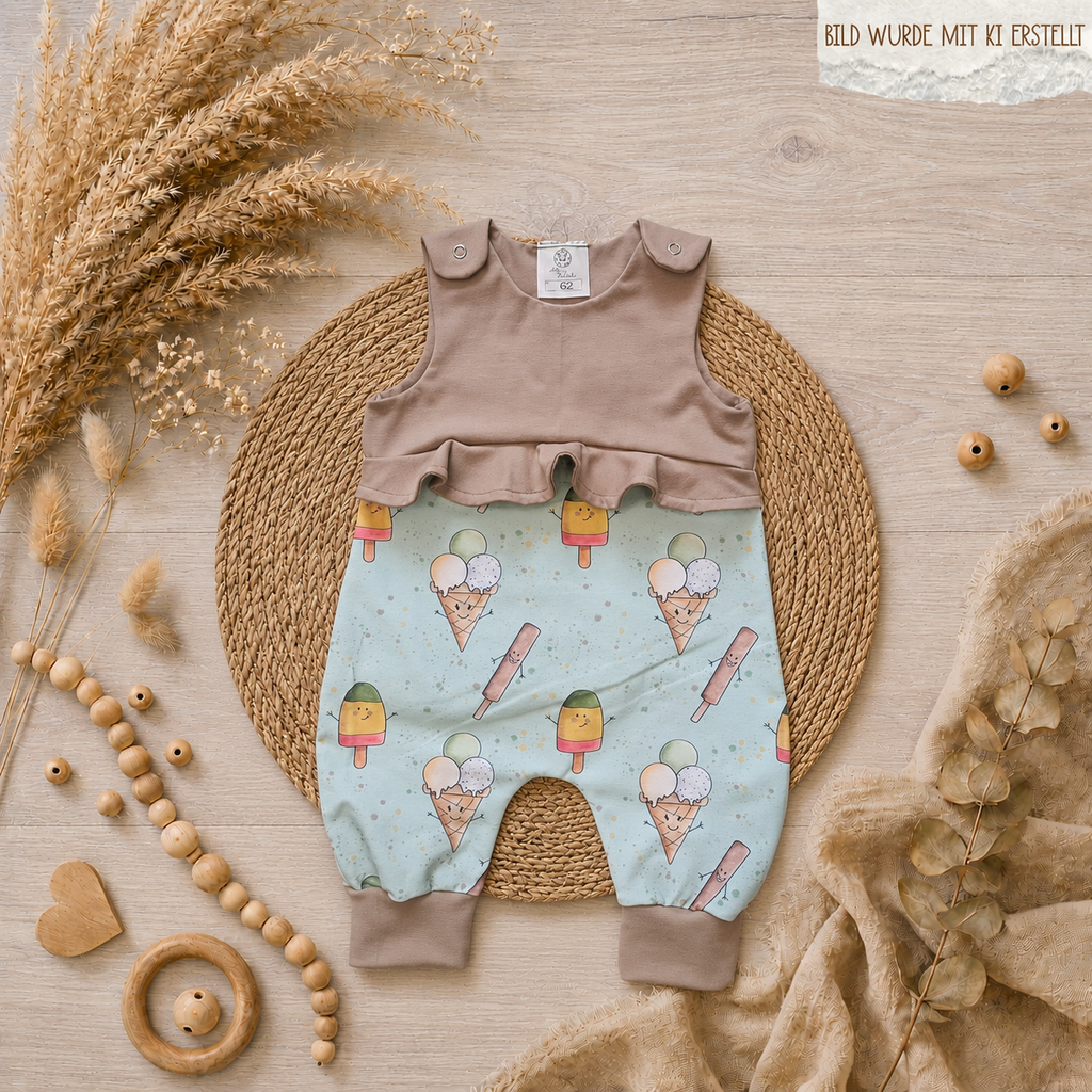 Handgemachter Babystrampler mit liebevollem Eis Muster im Boho-Mockup auf hellem Holzuntergrund