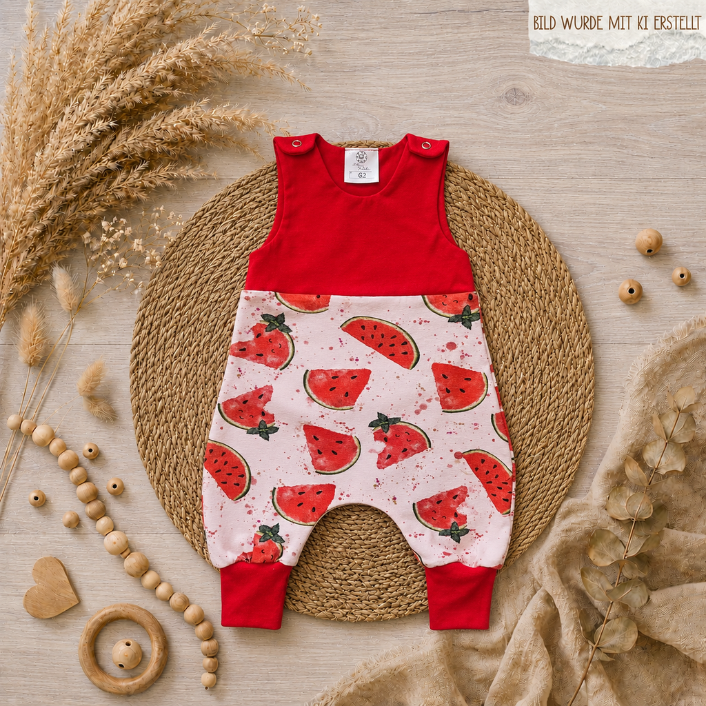 Baby-Strampler „Melone“ mit selbst gezeichnetem Melonen-Design aus Jersey