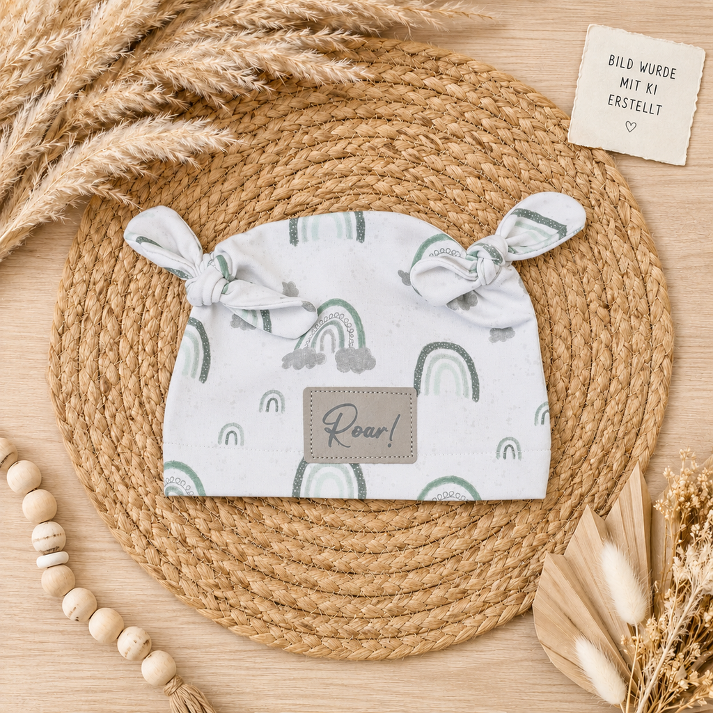 Handgemachter Babymützer mit liebevollem RegenbogenMuster im Boho-Mockup auf hellem Holzuntergrund