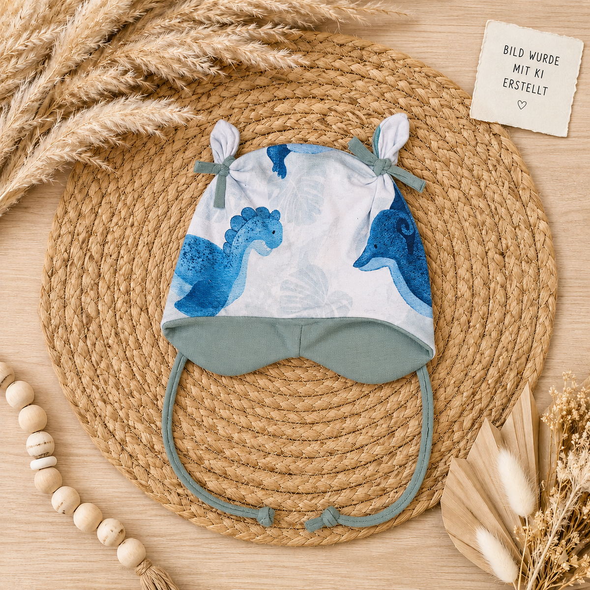 Baby Öhrchen-Mütze "Dinos" mit Dino-Allover-Muster, handgemacht aus French Terry & Jersey, 95% Baumwolle 5% Elasthan – passend zum Dinos-Strampler | Little Falili