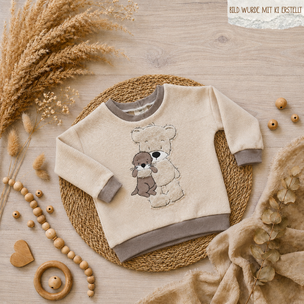 Kinder-Pullover „Bär & Otter“ aus Waffelstrickjersey mit Bär- und Otter-Stickerei