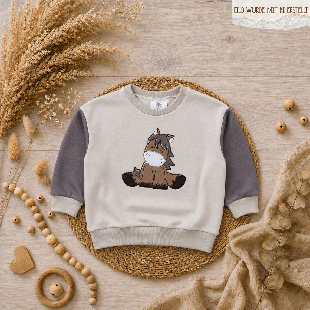 Kinder-Pullover „Pferd“ mit Pferde-Stickerei aus French Terry, handgenäht
