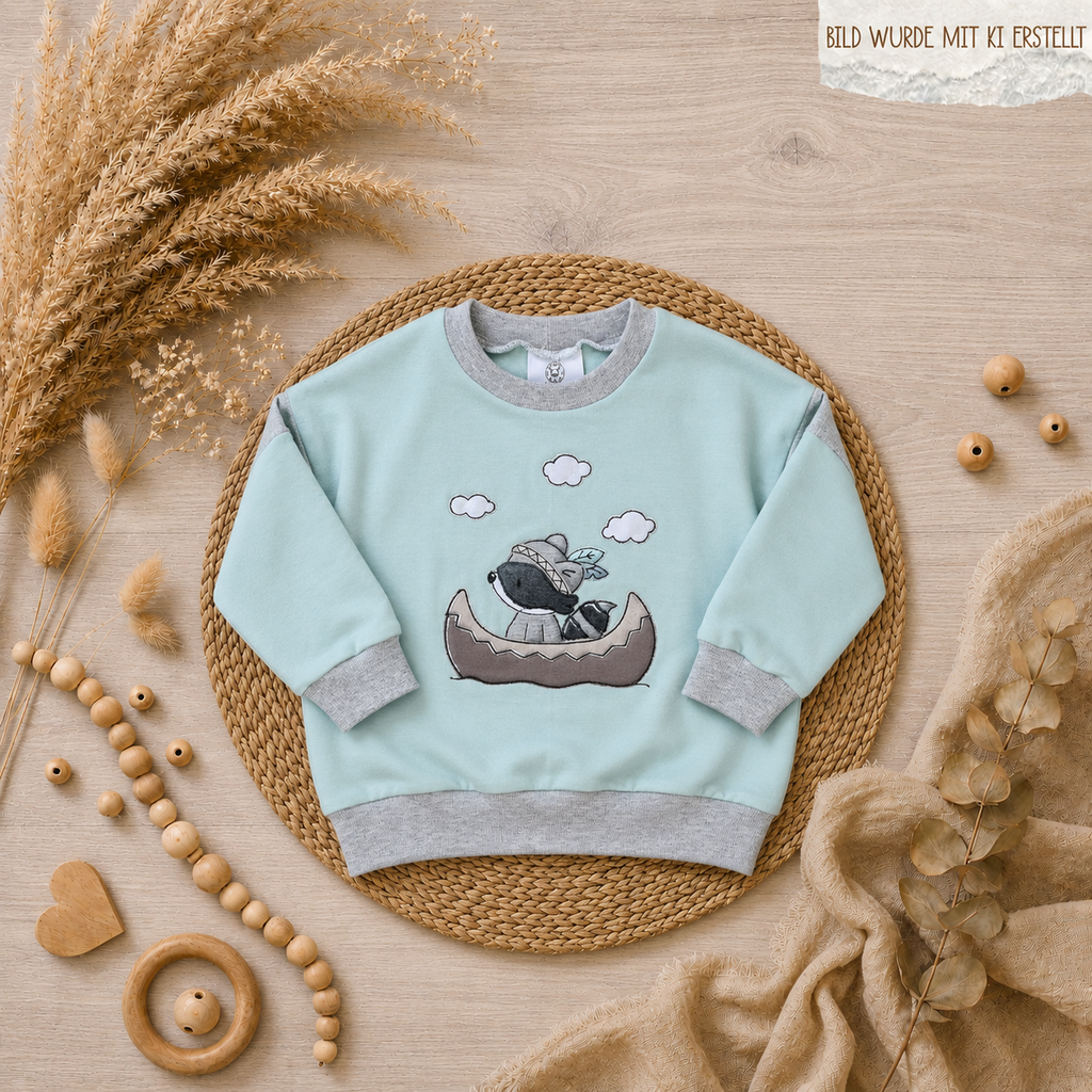 Kinder Pullover "Waschbär" mit Waschbär-Stickerei, French Terry 95% Baumwolle 5% Elasthan, handgenäht | Little Falili