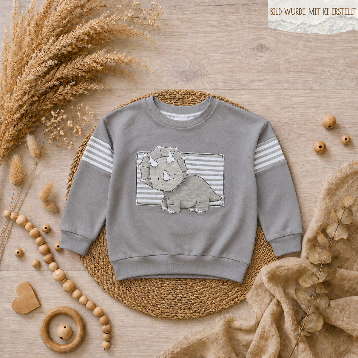 Kinder Pullover "Dino T." mit Dinosaurier-Stickerei, French Terry & Jersey 95% Baumwolle 5% Elasthan, handgenäht | Little Falili