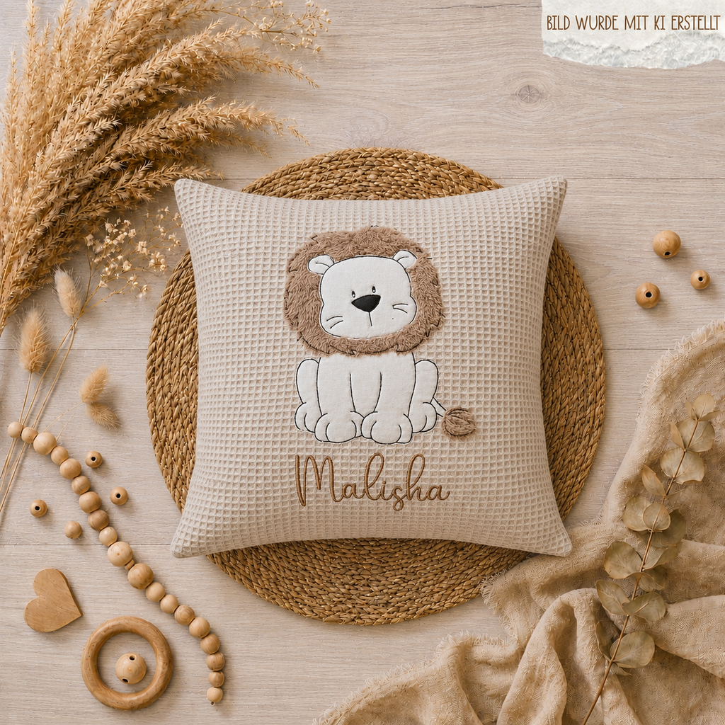 Personalisierter Kissenbezug "Löwe" mit Löwen-Stickerei und Wunschname, Waffelpiqué 100% Baumwolle, 40x40 cm | Little Falili
