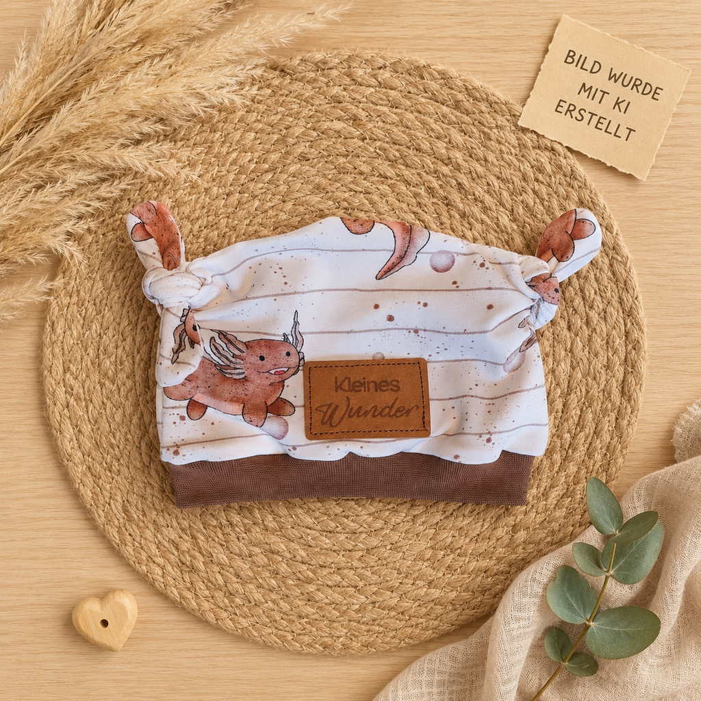 Baby Knoten-Mütze "Axel" Detailansicht Axolotl-Motiv, French Terry 95% Baumwolle 5% Elasthan – passend zur Strampler-Kollektion | Little Falili