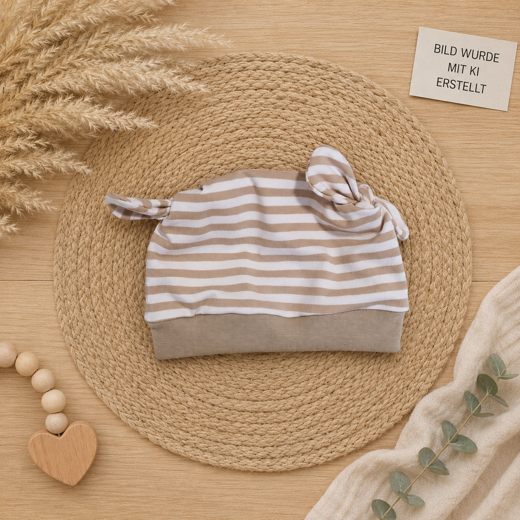 Baby Knoten-Mütze "Bärchen" mit Bärchen-Motiv, handgemacht aus Jersey, 95% Baumwolle 5% Elasthan – passend zur Strampler-Kollektion | Little Falili
