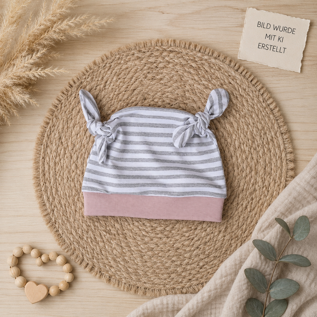 Baby Knoten-Mütze "Zebra" mit Zebra-Motiv, handgemacht aus Jersey, 95% Baumwolle 5% Elasthan – passend zur Strampler-Kollektion | Little Falili