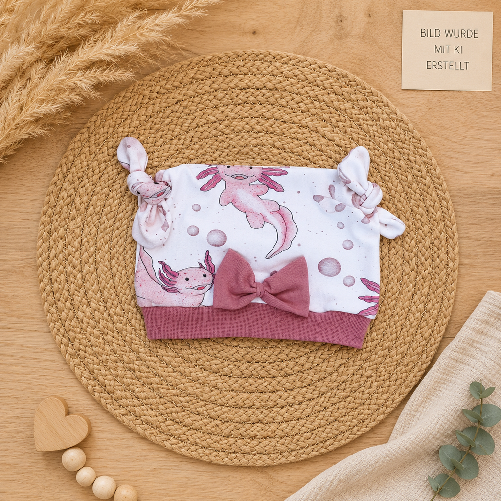 Baby Knoten-Mütze "Lotti" mit Axolotl-Motiv, handgemacht aus French Terry, 95% Baumwolle 5% Elasthan – passend zur Strampler-Kollektion | Little Falili

