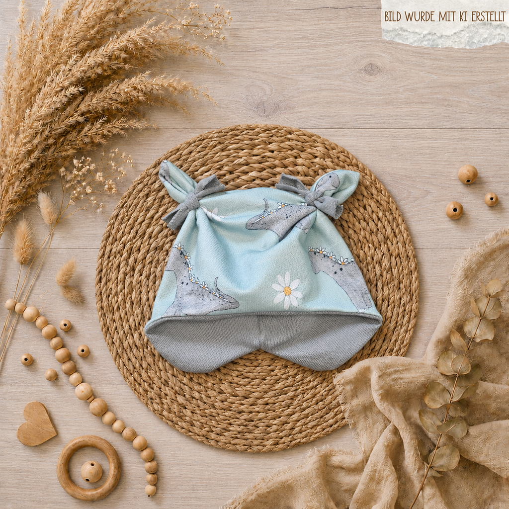Öhrchen-Mütze „Dino mit Blüten“ in Mint und Grau mit selbst gezeichnetem Dino-Design