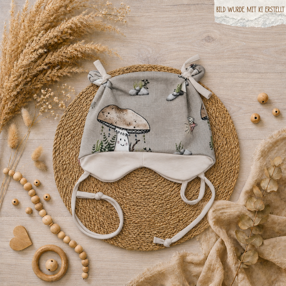Baby Öhrchen-Mütze "Pilze" mit Pilz-Motiv, handgemacht aus French Terry & Jersey, 95% Baumwolle 5% Elasthan | Little Falili
